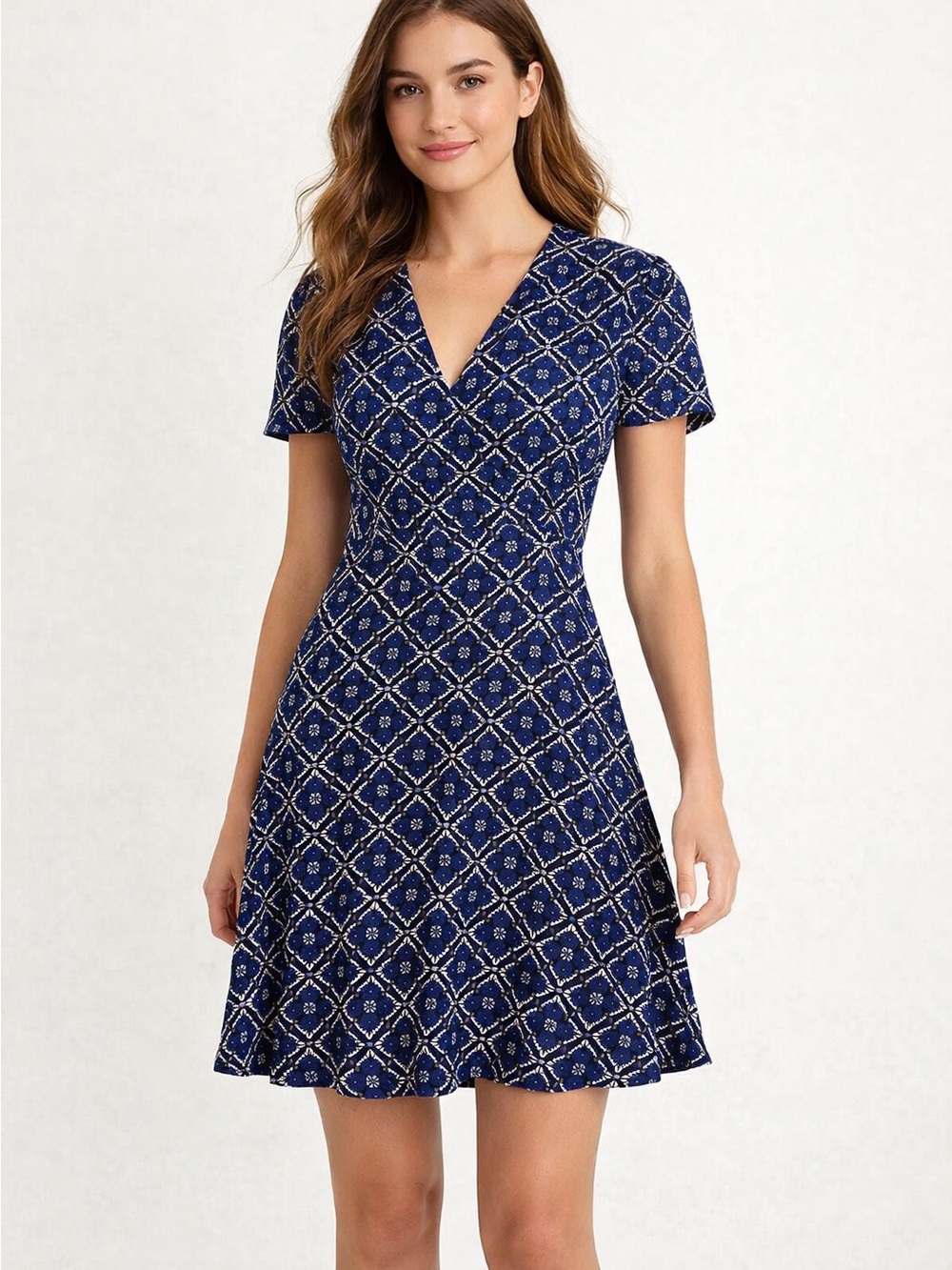 Free People Navy Blue Geometric V-Neck Fit & Flare Mini Dress